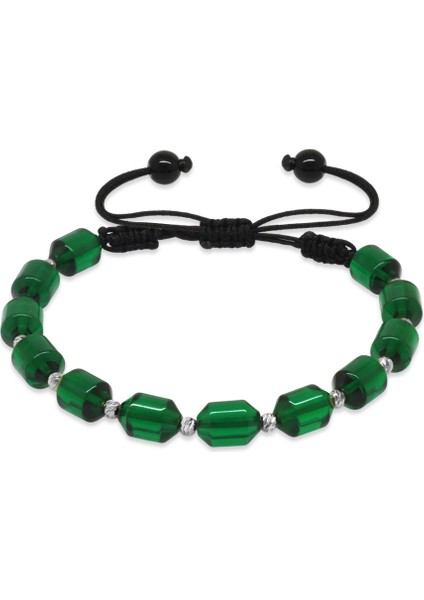 Makrome Örgülü Beyaz Dorika Top Süslemeli Yeşil Ateş Kehribar Erkek Bileklik