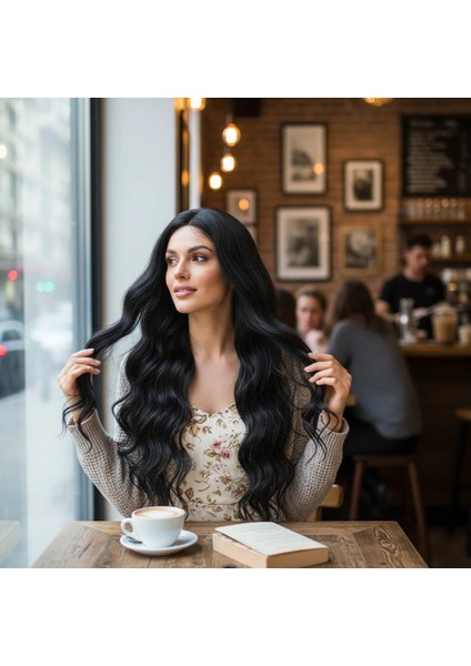 Uzun Su Dalgası Fiber Sentetik Peruk - Siyah