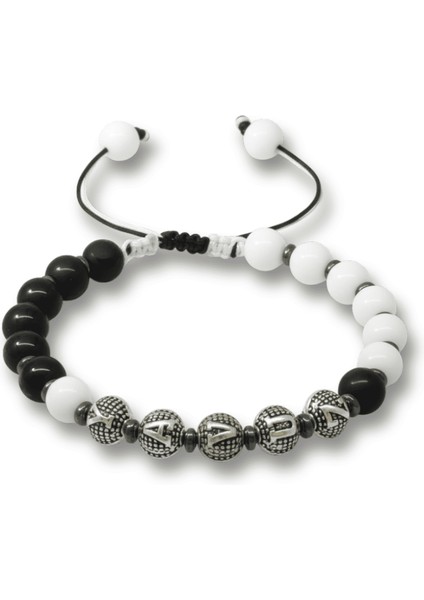 Isme Özel Yazılı Makrome Örgülü Küre Siyah Beyaz Jade Oniks Hematit Doğaltaş Erkek Taraftar Bileklik