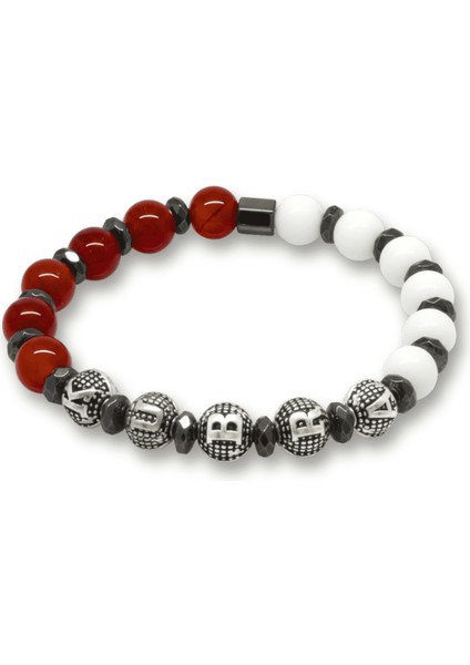 Isme Özel Yazılı Küre Kesim Kırmızı Beyaz Jade Akik Hematit Doğaltaş Erkek Taraftar Bileklik