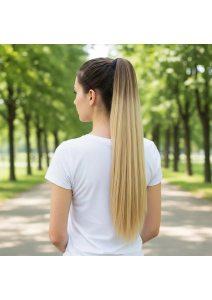 Bağlamalı Düz At Kuyruğu - Kahve / Bal Köpüğü Ombre ve Platin Işıltılı