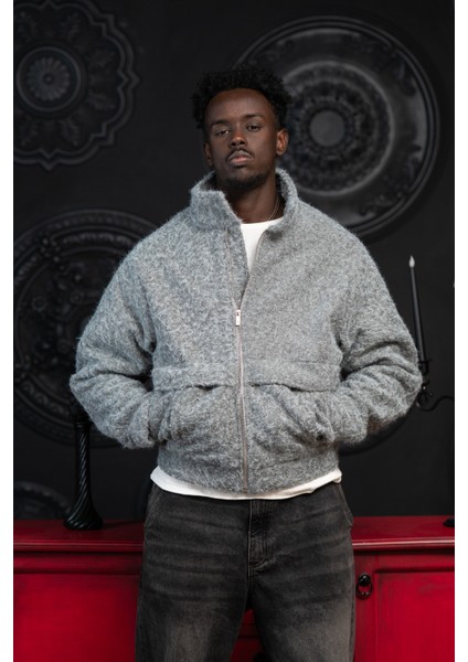 Oversize Crop Model Yan Cepli Astarlı Kırçıllı Mont