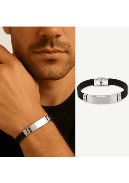 Siyah Silikon ve Çelik Bileşim Isme Özel Yazılı Erkek Bileklik fırsatları