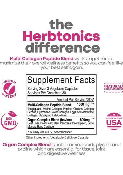 Multi Complex 90 Kapsül +Organ Complex Types I, Iı, Iıı, V, And x & 100% Grass-Fed Beef Peptide Blend. modelleri