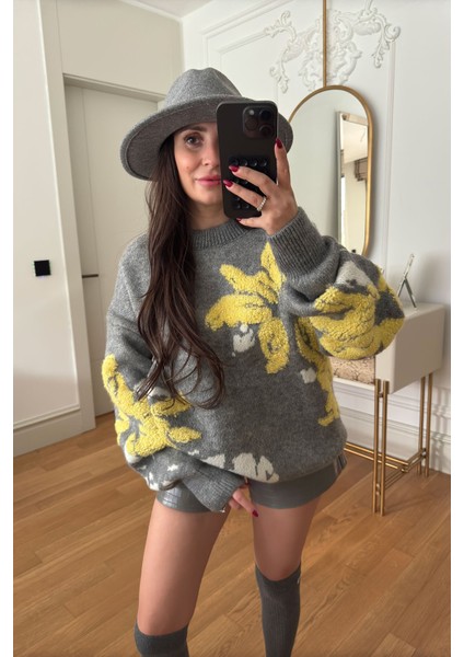 Desenli Oversize Yeni Sezon Triko Kazak- Gri