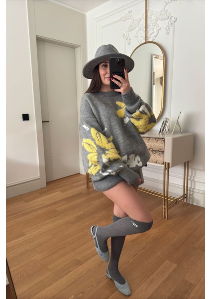 Desenli Oversize Yeni Sezon Triko Kazak- Gri fiyatları