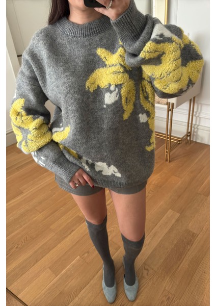 Desenli Oversize Yeni Sezon Triko Kazak- Gri modelleri