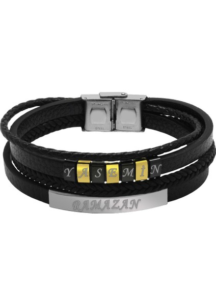 Üç Katmanlı Siyah Deri Gümüş Renk Çelik Plakalı Isme Özel Yazılı Erkek Bileklik fiyatları