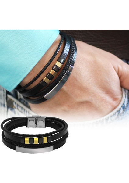 Üç Katmanlı Siyah Deri Gümüş Renk Çelik Plakalı Isme Özel Yazılı Erkek Bileklik fırsatları