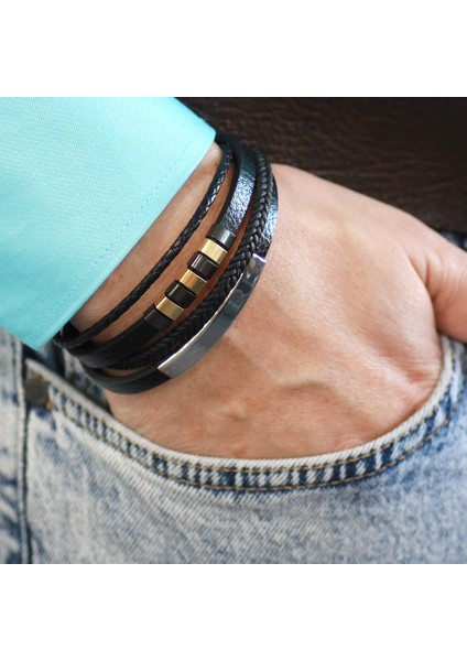 Üç Katmanlı Siyah Deri Gümüş Renk Çelik Plakalı Isme Özel Yazılı Erkek Bileklik indirimleri