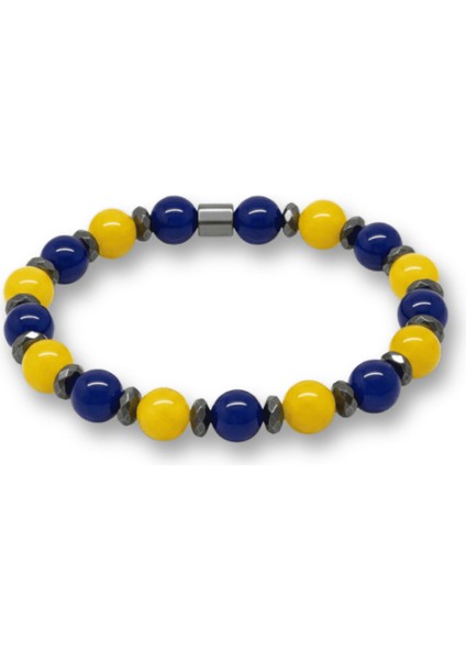Küre Kesim Sarı Lacivert Jade Hematit Doğaltaş Erkek Taraftar Bileklik - M2