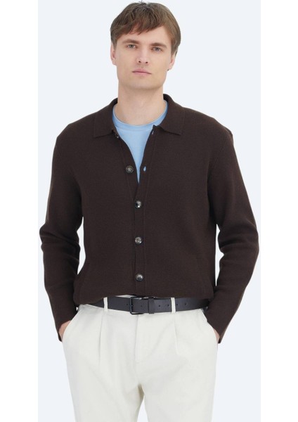 Kahverengi Polo Yaka Düz Örgü Yün Karışımlı Hırka fiyatları