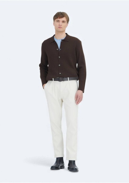 Kahverengi Polo Yaka Düz Örgü Yün Karışımlı Hırka modelleri