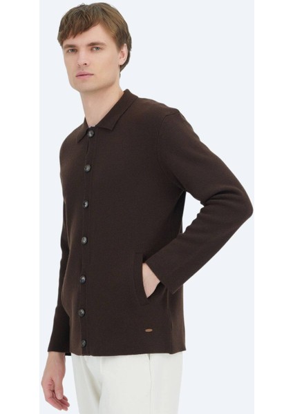 Kahverengi Polo Yaka Düz Örgü Yün Karışımlı Hırka fırsatları