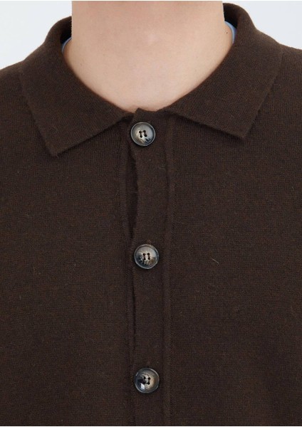 Kahverengi Polo Yaka Düz Örgü Yün Karışımlı Hırka indirimleri