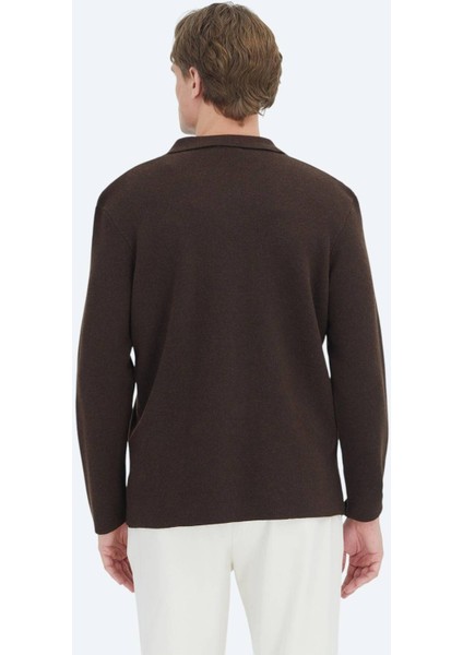 Kahverengi Polo Yaka Düz Örgü Yün Karışımlı Hırka