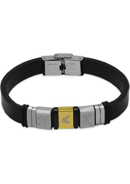 Siyah Deri ve Çelik Bileşim Üç Plakalı Isme Özel Harf Yazılı Erkek Bileklik