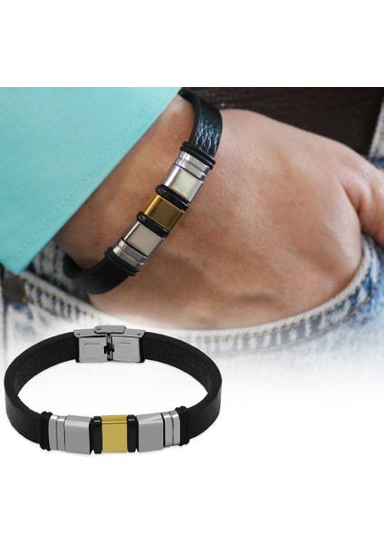 Siyah Deri ve Çelik Bileşim Üç Plakalı Isme Özel Harf Yazılı Erkek Bileklik modelleri