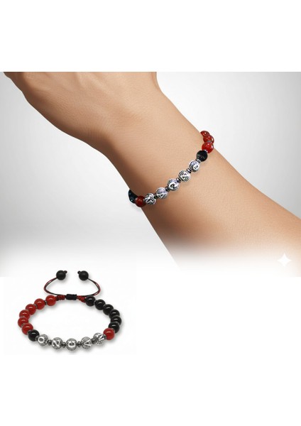 Isme Özel Yazılı Makrome Örgü Küre Kırmızı Siyah Akik Oniks Hematit Doğaltaş Erkek Taraftar Bileklik fiyatları