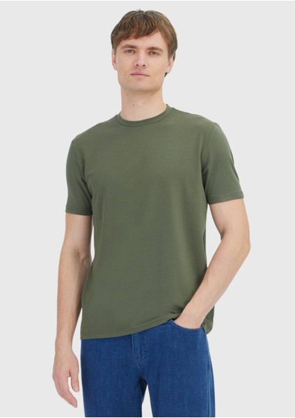 Haki Düz Bisiklet Yaka Pamuk Karışımlı T-Shirt