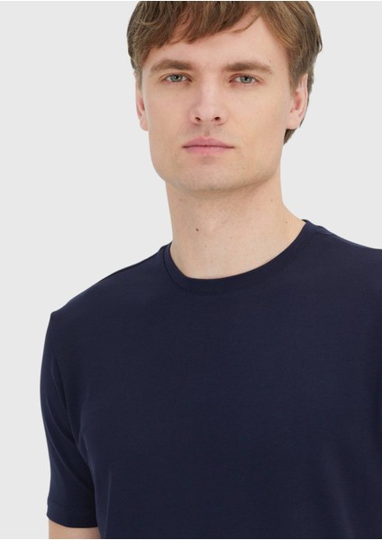 Lacivert Düz Bisiklet Yaka Pamuk Karışımlı T-Shirt fırsatları