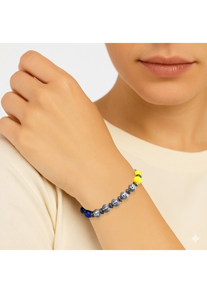 Isme Özel Yazılı Küre Kesim Sarı Lacivert Jade Hematit Doğaltaş Kadın Taraftar Bileklik modelleri