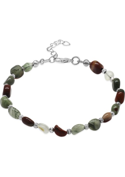 Gümüş Renk Metal Zincirli Dorika Top Süslemeli Amorf Kan Taşı Doğaltaş Erkek Bileklik