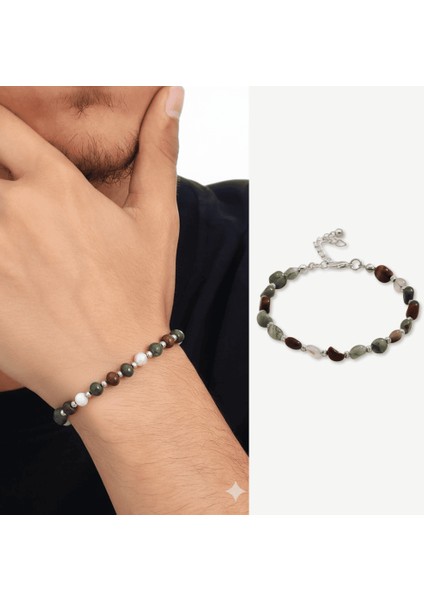 Gümüş Renk Metal Zincirli Dorika Top Süslemeli Amorf Kan Taşı Doğaltaş Erkek Bileklik fiyatları