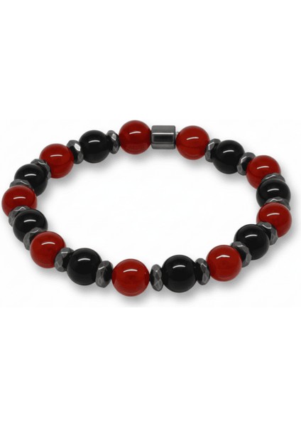 Küre Kesim Kırmızı Siyah Akik Oniks Hematit Doğaltaş Erkek Taraftar Bileklik - M2