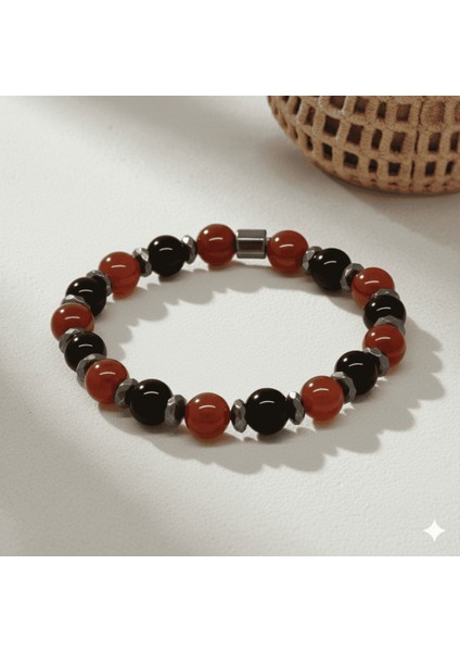 Küre Kesim Kırmızı Siyah Akik Oniks Hematit Doğaltaş Erkek Taraftar Bileklik - M2 fırsatları