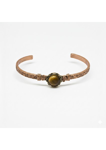 Kadın Bakır Bileklik - Kaplan Gözü Doğaltaşlı - Otantik Tasarım - Ayarlanabilir Yapı