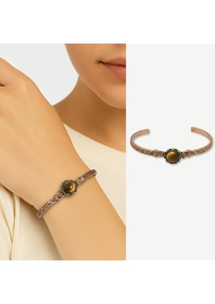 Kadın Bakır Bileklik - Kaplan Gözü Doğaltaşlı - Otantik Tasarım - Ayarlanabilir Yapı fiyatları