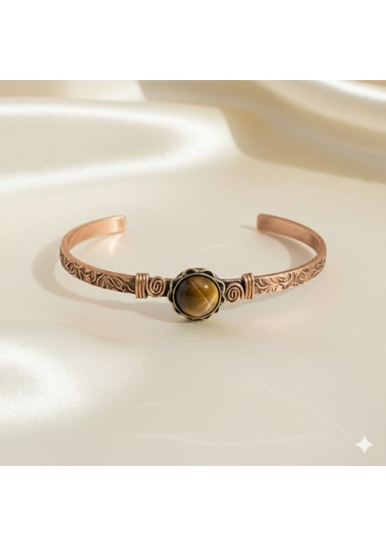 Kadın Bakır Bileklik - Kaplan Gözü Doğaltaşlı - Otantik Tasarım - Ayarlanabilir Yapı fırsatları
