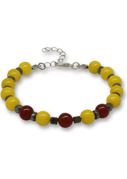 Gümüş Renk Metal Zincirli Küre Kesim Sarı Kırmızı Jade Akik Hematit Doğaltaş Erkek Taraftar Bileklik