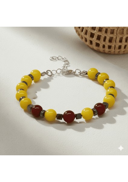 Gümüş Renk Metal Zincirli Küre Kesim Sarı Kırmızı Jade Akik Hematit Doğaltaş Erkek Taraftar Bileklik fırsatları