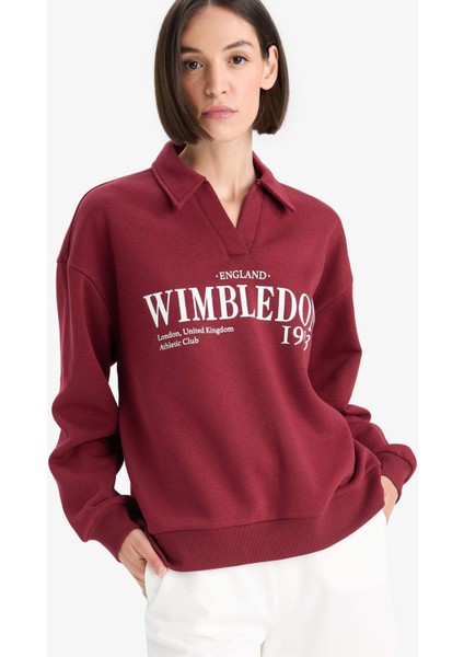 Relax Fit Polo Yaka Baskılı Kalın Sweatshirt