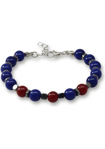 Gümüş Renk Kararmaz Metal Zincir Küre Kesim Bordo Mavi Jade Hematit Doğaltaş Erkek Taraftar Bileklik