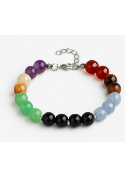 Gümüş Renk Kararmaz Metal Zincirli Küre Kesim Çoklu Doğaltaş Kombinli Erkek Başarı Bilekliği