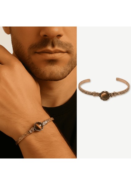Erkek Bakır Bileklik - Kaplan Gözü Doğaltaşlı - Otantik Tasarım - Ayarlanabilir Yapı fiyatları