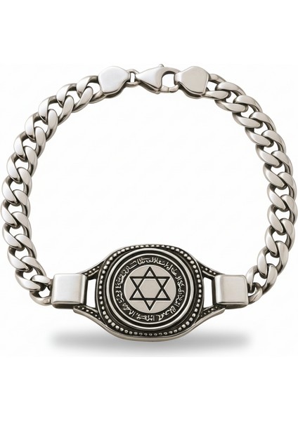 Mühri Süleyman Işlemeli Gurmet Zincirli 925 Ayar Gümüş Erkek Bileklik