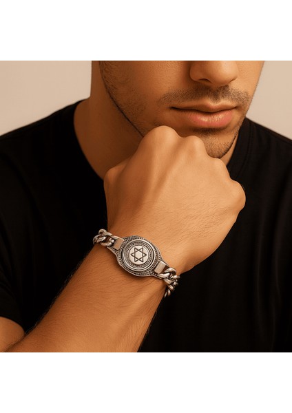 Mühri Süleyman Işlemeli Gurmet Zincirli 925 Ayar Gümüş Erkek Bileklik modelleri
