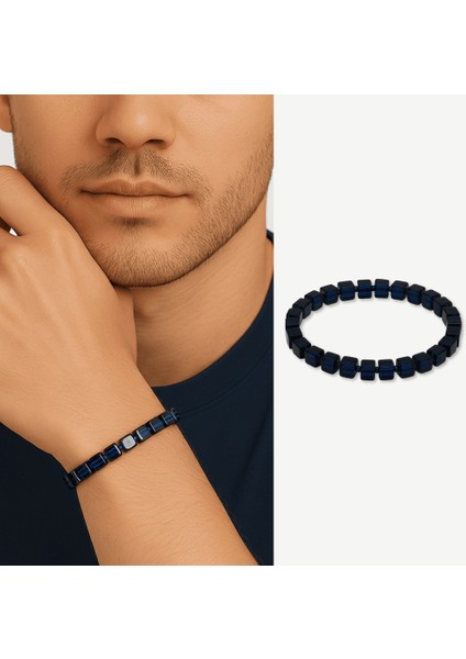 Lacivert Renk Küp Kesim Doğal Damla Kehribar Erkek Bileklik modelleri
