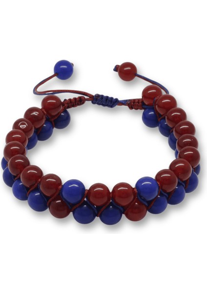 Çift Sıra Makrome Örgülü Küre Kesim Bordo Mavi Jade Doğaltaş Erkek Taraftar Bileklik