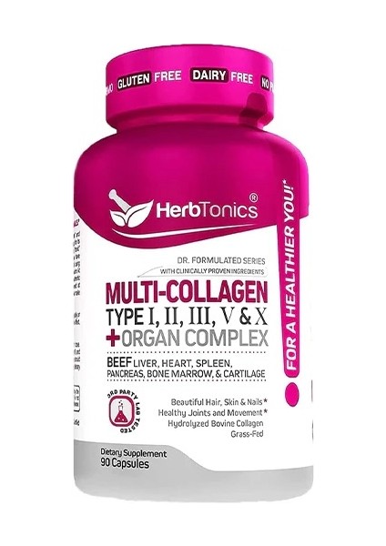 Multi Complex 90 Kapsül +Organ Complex Types I, Iı, Iıı, V, And x & 100% Grass-Fed Beef Peptide Blend.