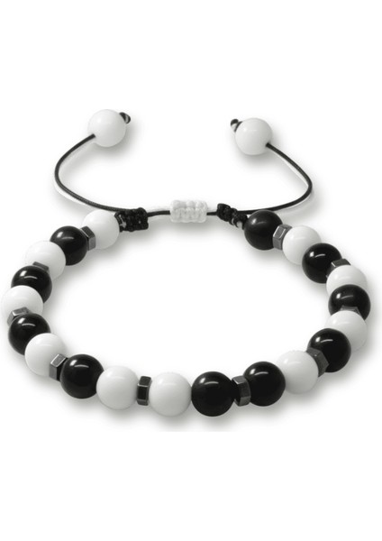 Makrome Örgülü Küre Kesim Siyah Beyaz Jade Oniks Hematit Doğaltaş Erkek Taraftar Bileklik