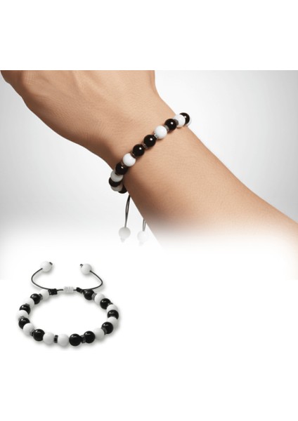 Makrome Örgülü Küre Kesim Siyah Beyaz Jade Oniks Hematit Doğaltaş Erkek Taraftar Bileklik fiyatları