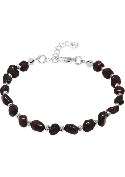 Gümüş Renk Metal Zincirli Dorika Top Süslemeli Amorf Lal Taşı Doğaltaş Erkek Bileklik