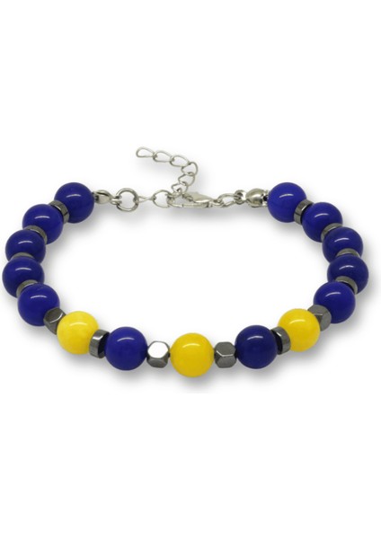 Gümüş Renk Metal Zincirli Küre Kesim Sarı Lacivert Jade Hematit Doğaltaş Erkek Taraftar Bileklik