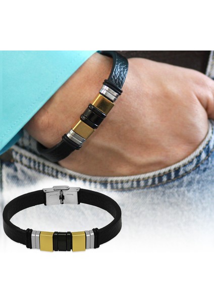 Siyah Deri ve Çelik Bileşim Iki Plakalı Isme Özel Harf Yazılı Erkek Bileklik modelleri