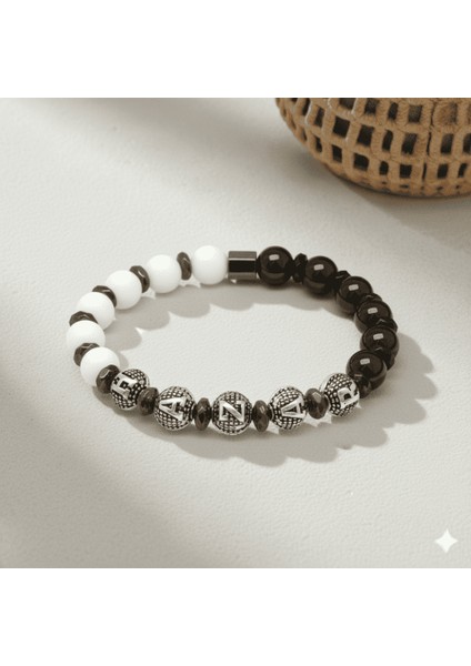 Isme Özel Yazılı Küre Kesim Siyah Beyaz Jade Oniks Hematit Doğaltaş Erkek Taraftar Bileklik fırsatları